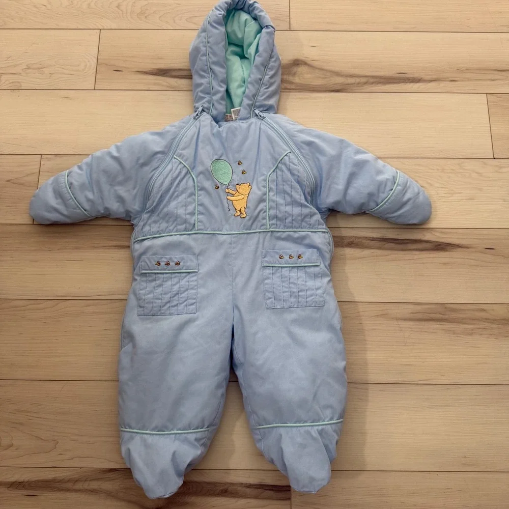 Vintage Classic Pooh Baby Blue Embroidered Hooded Pram Snowsuit 3-6 Months